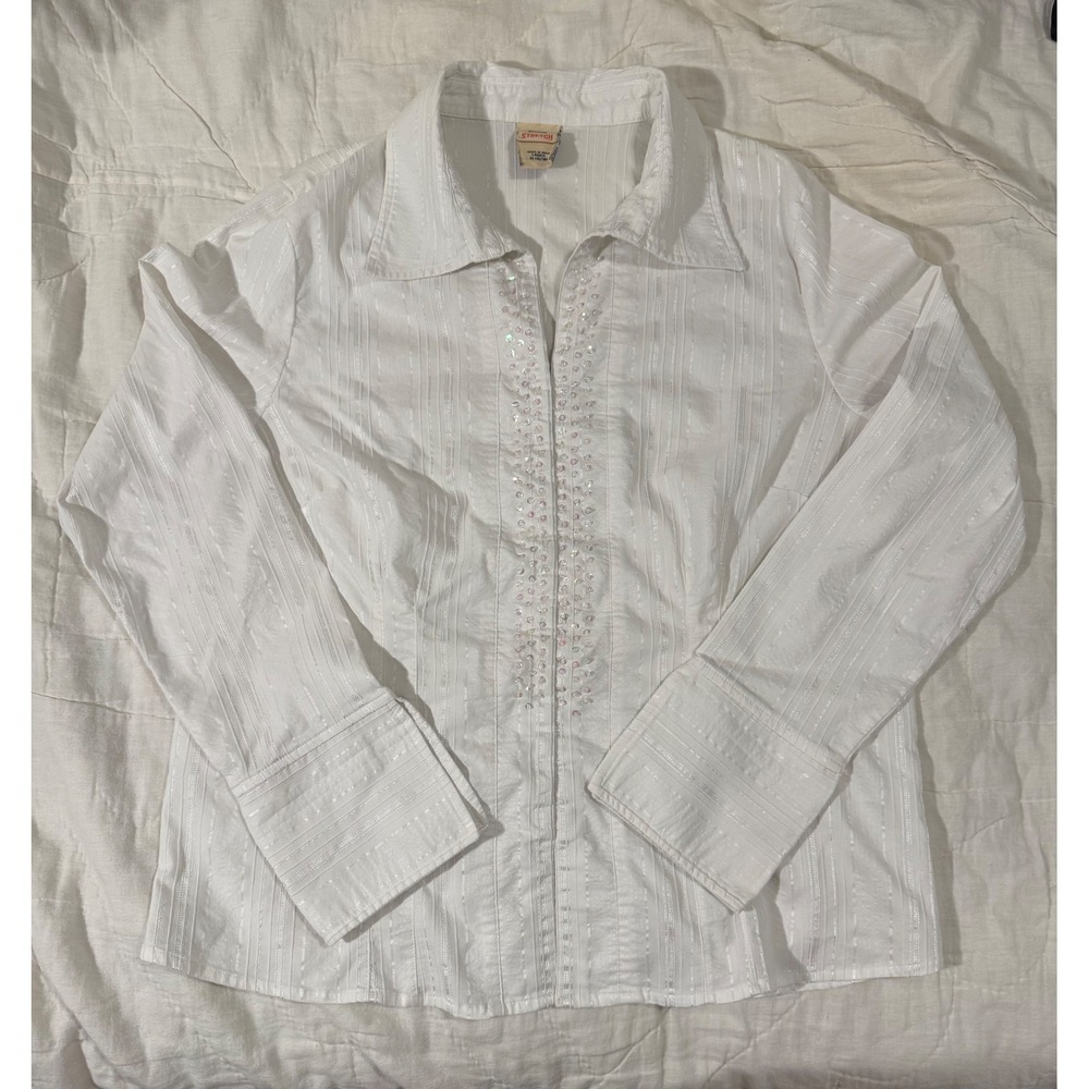 Faded Glory White Sequin Tonal Stripe Stretch Blouse XL 16/18 Hook Eye Closure